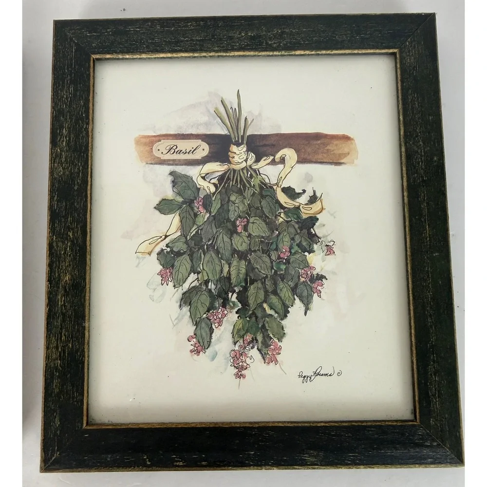 Vtg Set of 2 Peggy Abrams Cottage Herbs Oregano/Basil Framed Prints Green